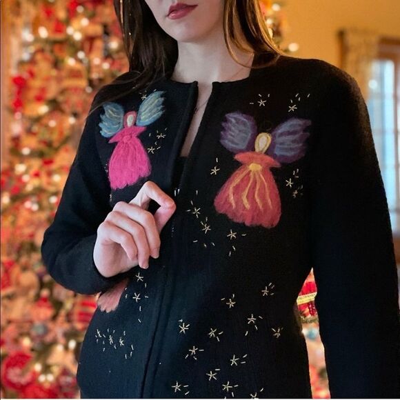 Vintage Wool Sweater Cardigan Black Talbots Christmas Angels Size Small - Picture 1 of 10